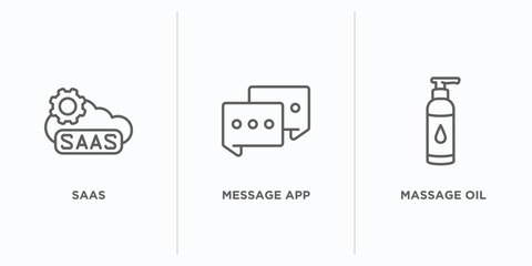 general outline icons set. thin line icons such as saas, message app, massage oil vector. linear icon sheet can be used web and mobile