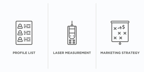 general outline icons set. thin line icons such as profile list, laser measurement, marketing strategy vector. linear icon sheet can be used web and mobile
