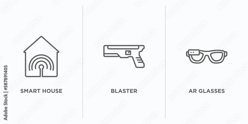 Poster future technology outline icons set. thin line icons such as smart house, blaster, ar glasses vector