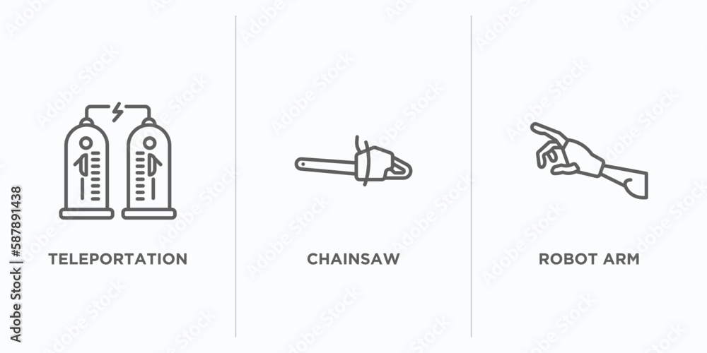Poster future technology outline icons set. thin line icons such as teleportation, chainsaw, robot arm vect