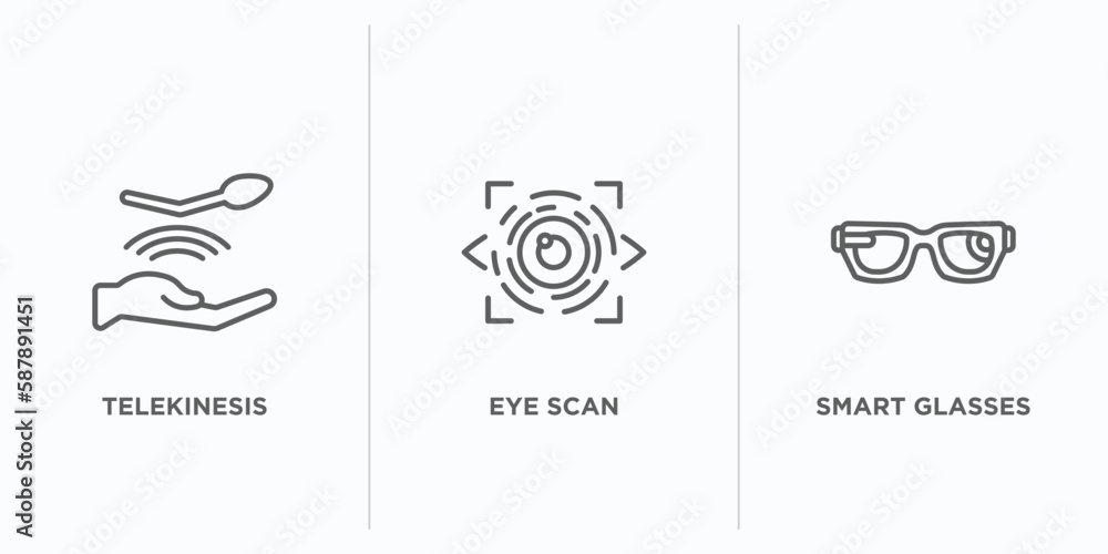 Poster future technology outline icons set. thin line icons such as telekinesis, eye scan, smart glasses ve