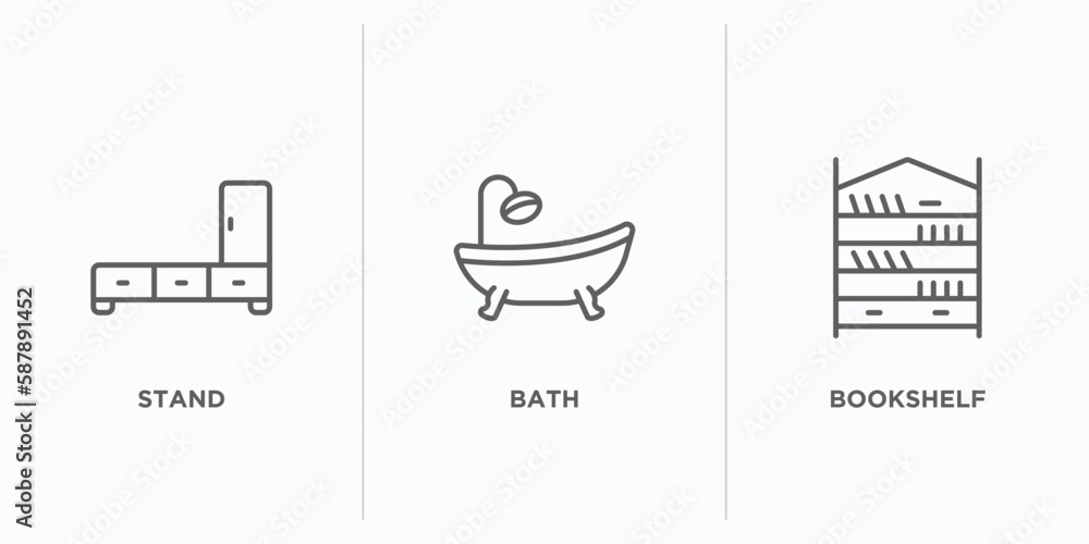 Poster furniture and household outline icons set. thin line icons such as stand, bath, bookshelf vector. li