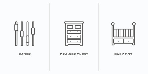 furniture and household outline icons set. thin line icons such as fader, drawer chest, baby cot vector. linear icon sheet can be used web and mobile