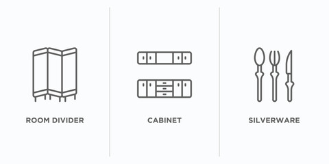 furniture & household outline icons set. thin line icons such as room divider, cabinet, silverware vector. linear icon sheet can be used web and mobile
