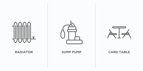 Fototapeta na wymiar furniture & household outline icons set. thin line icons such as radiator, sump pump, card table vector. linear icon sheet can be used web and mobile