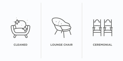 furniture and household outline icons set. thin line icons such as cleaned, lounge chair, ceremonial vector. linear icon sheet can be used web and mobile