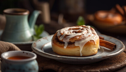 Indulgent homemade dessert on rustic wood plate generated by AI