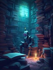 Robot reading a book in a small book store room with candle. 