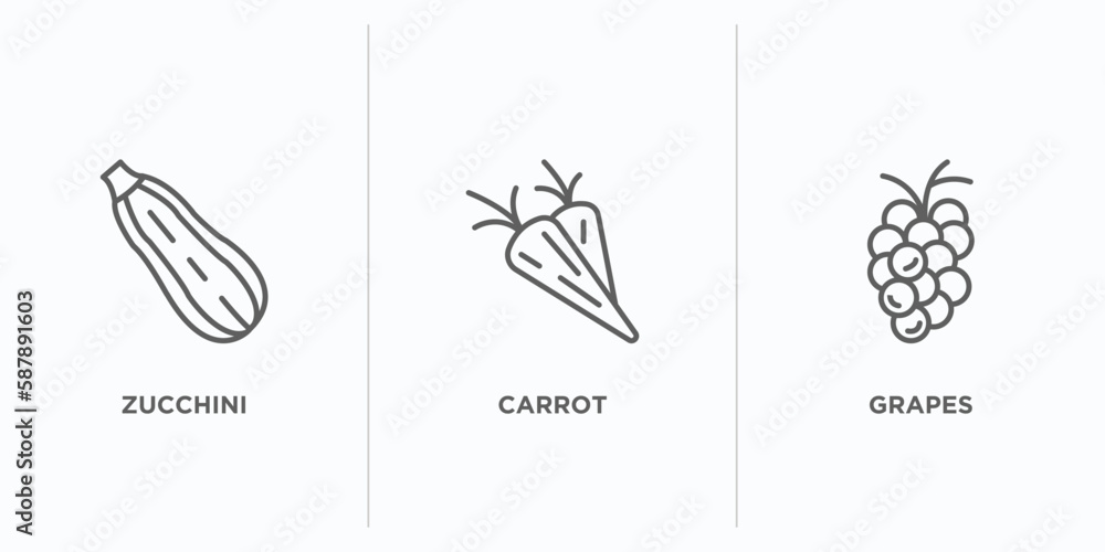 Poster fruits and vegetables outline icons set. thin line icons such as zucchini, carrot, grapes vector. li