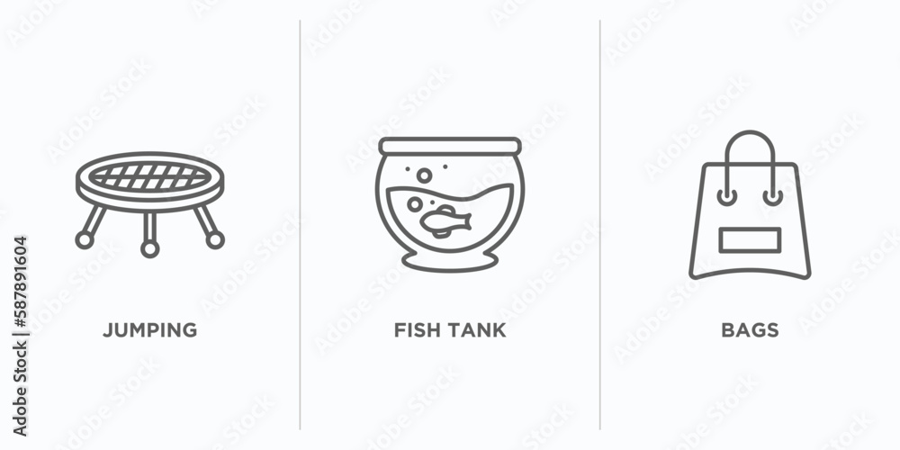 Poster free time outline icons set. thin line icons such as jumping, fish tank, bags vector. linear icon sh