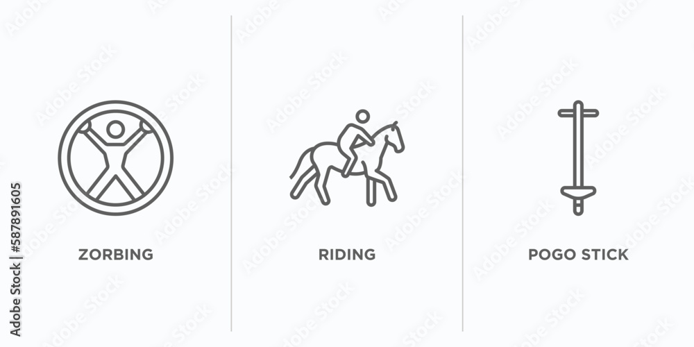 Poster free time outline icons set. thin line icons such as zorbing, riding, pogo stick vector. linear icon