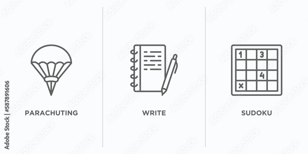 Poster free time outline icons set. thin line icons such as parachuting, write, sudoku vector. linear icon 