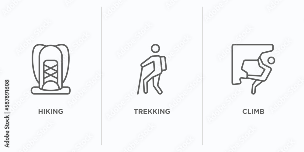 Poster free time outline icons set. thin line icons such as hiking, trekking, climb vector. linear icon she