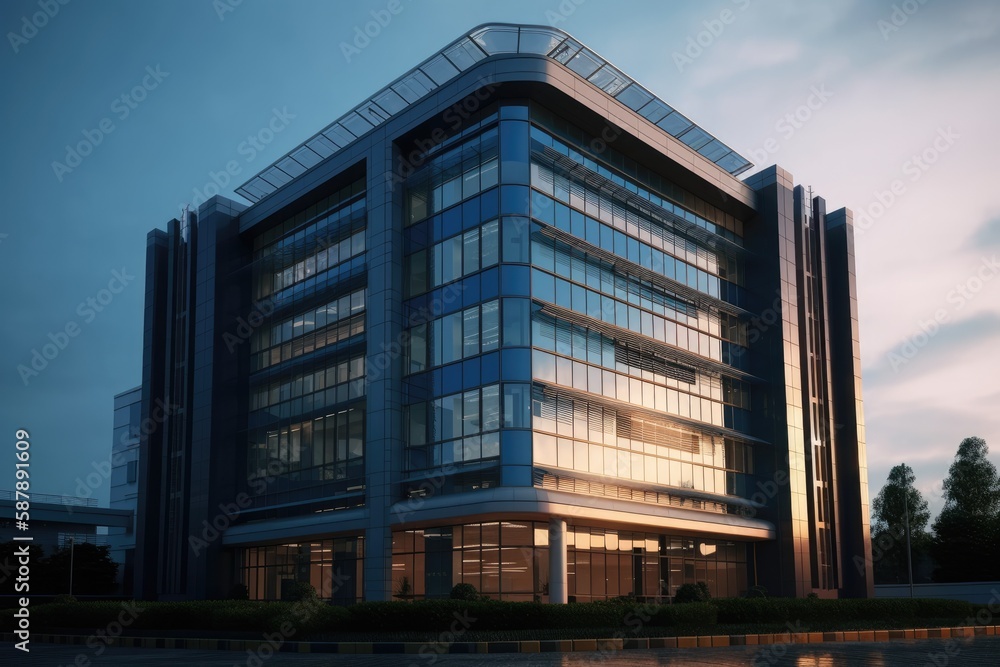 Poster skyscraper with a modern design and numerous windows reaching towards the sky. generative ai