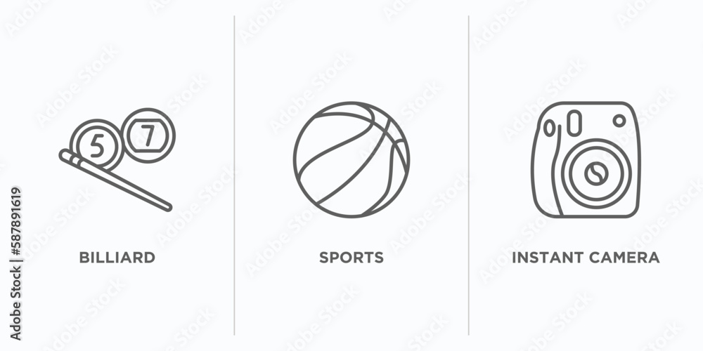 Poster free time outline icons set. thin line icons such as billiard, sports, instant camera vector. linear