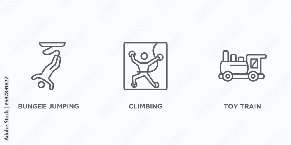Poster free time outline icons set. thin line icons such as bungee jumping, climbing, toy train vector. lin
