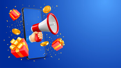 Hand in smartphone holds megaphone, gifts and golden coins fly out from mobile phone screen, on blue background. Conceptual design for advertising of sale, discounts etc. Vector 3d illustration