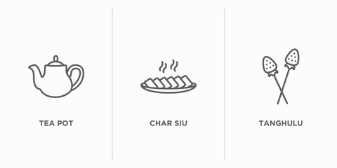 food and restaurant outline icons set. thin line icons such as tea pot, char siu, tanghulu vector. linear icon sheet can be used web and mobile