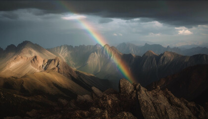 Majestic peak stands tall, rainbow after the storm generated by AI