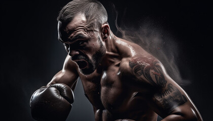 Fototapeta na wymiar Muscular athlete punches with fierce determination at night generated by AI
