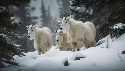 Horned goat standing in snow covered meadow generated by AI