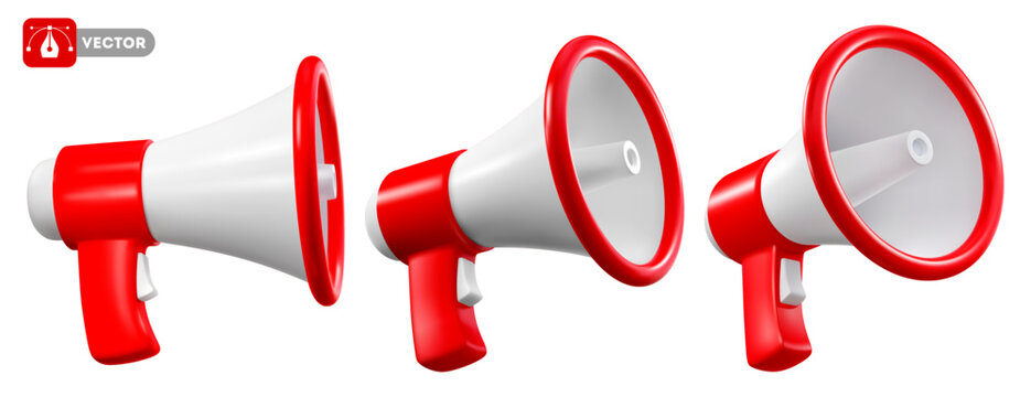 Red and white colored megaphone speaker, view from different angles, isolated on white background. Vector 3d realistic illustration