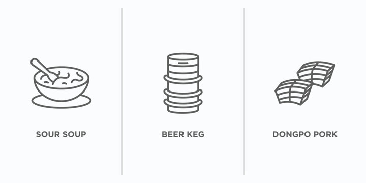 food and restaurant outline icons set. thin line icons such as sour soup, beer keg, dongpo pork vector. linear icon sheet can be used web and mobile