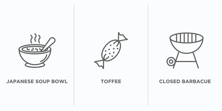 food outline icons set. thin line icons such as japanese soup bowl, toffee, closed barbacue vector. linear icon sheet can be used web and mobile
