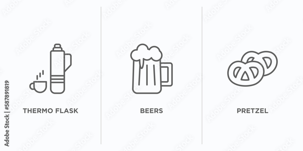 Poster food outline icons set. thin line icons such as thermo flask, beers, pretzel vector. linear icon she