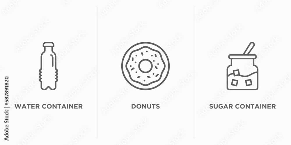 Poster food outline icons set. thin line icons such as water container, donuts, sugar container vector. lin