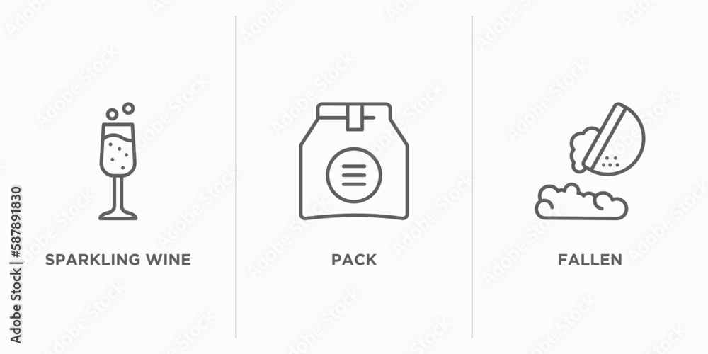Poster food outline icons set. thin line icons such as sparkling wine, pack, fallen vector. linear icon she