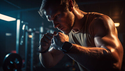 Fototapeta na wymiar Muscular athlete pumps iron at night gym generated by AI