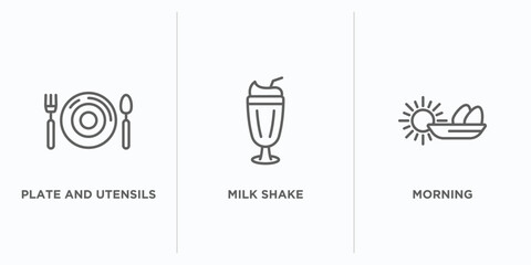 food outline icons set. thin line icons such as plate and utensils, milk shake, morning vector. linear icon sheet can be used web and mobile