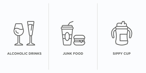 food outline icons set. thin line icons such as alcoholic drinks, junk food, sippy cup vector. linear icon sheet can be used web and mobile