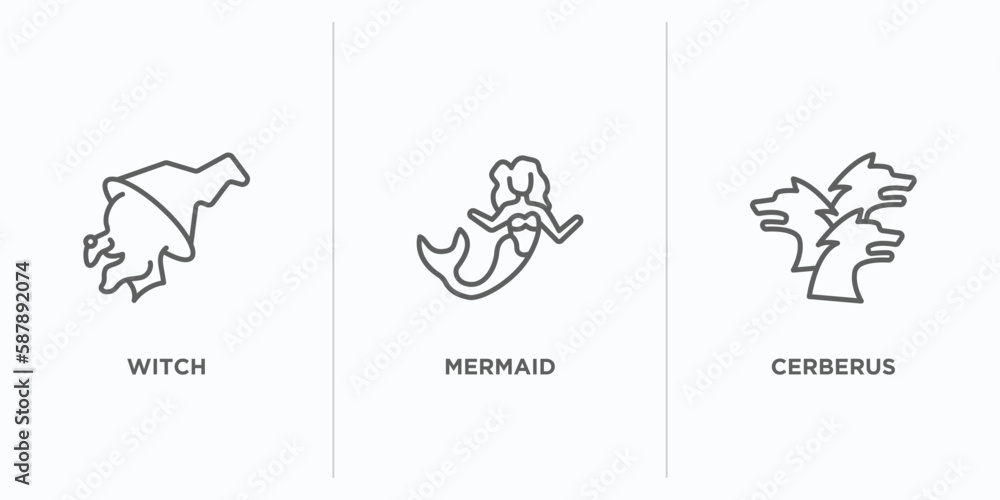 Poster fairy tale outline icons set. thin line icons such as witch, mermaid, cerberus vector. linear icon s