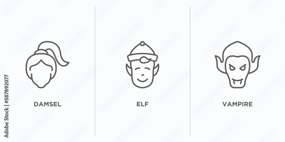 Poster fairy tale outline icons set. thin line icons such as damsel, elf, vampire vector. linear icon sheet