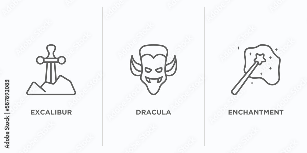 Poster fairy tale outline icons set. thin line icons such as excalibur, dracula, enchantment vector. linear