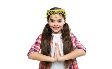 photo of smiling teen girl in princess crown. teen girl in crown isolated on white. teen girl