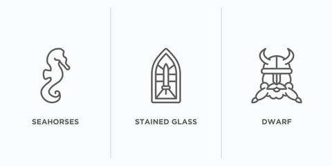 fairy tale outline icons set. thin line icons such as seahorses, stained glass, dwarf vector. linear icon sheet can be used web and mobile © IconArt