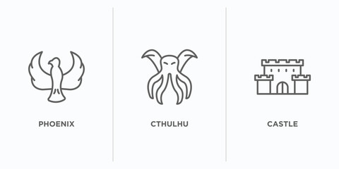 fairy tale outline icons set. thin line icons such as phoenix, cthulhu, castle vector. linear icon sheet can be used web and mobile