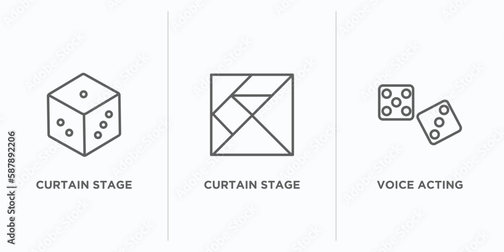 Poster arcade outline icons set. thin line icons such as curtain stage, curtain stage, voice acting vector.