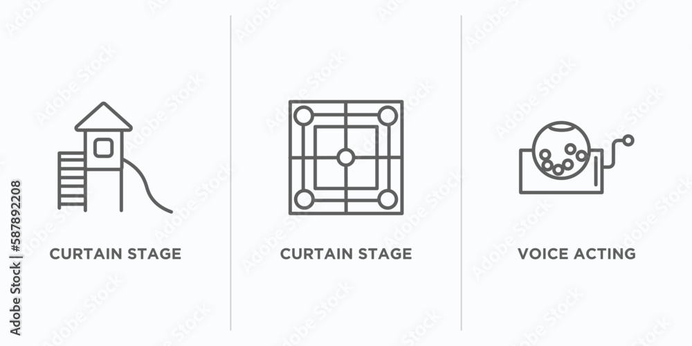 Poster arcade outline icons set. thin line icons such as curtain stage, curtain stage, voice acting vector.
