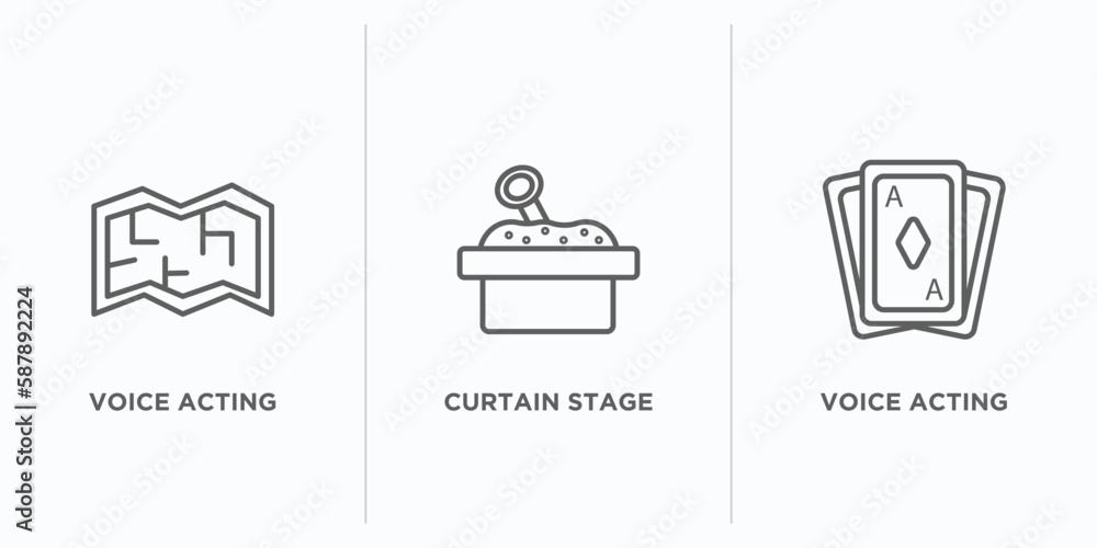 Poster arcade outline icons set. thin line icons such as voice acting, curtain stage, voice acting vector. 