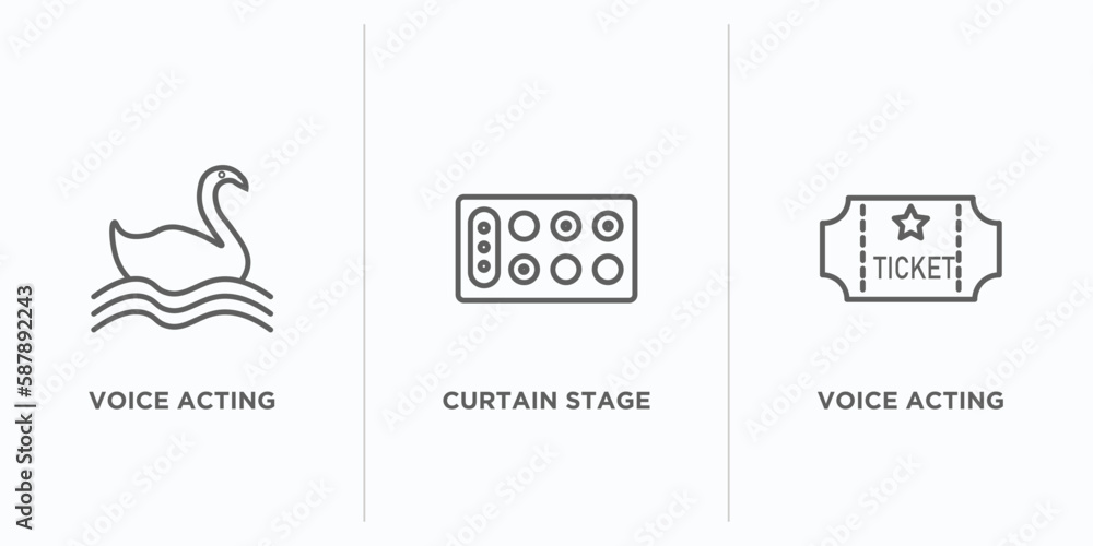 Poster arcade outline icons set. thin line icons such as voice acting, curtain stage, voice acting vector. 
