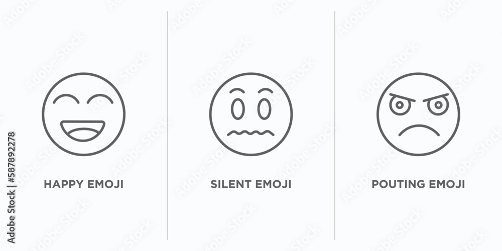 Poster emoji outline icons set. thin line icons such as happy emoji, silent emoji, pouting vector. linear i