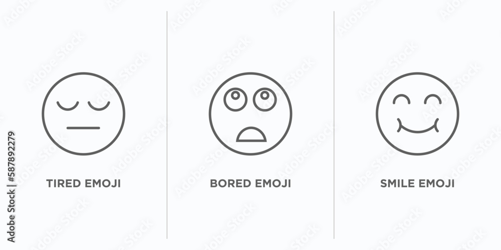 Poster emoji outline icons set. thin line icons such as tired emoji, bored emoji, smile vector. linear icon