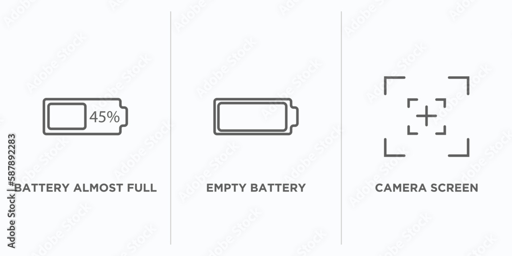 Poster electronic stuff fill outline icons set. thin line icons such as battery almost full, empty battery,