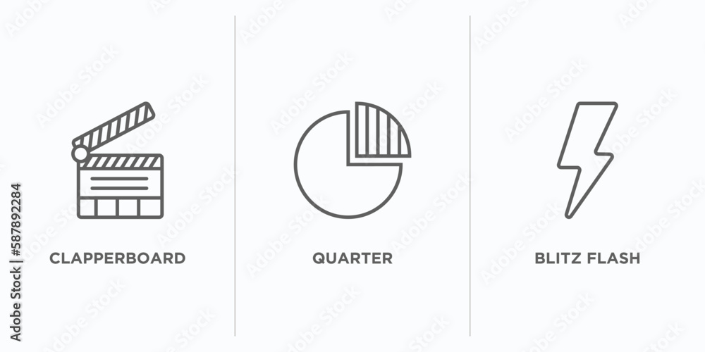 Poster electronic stuff fill outline icons set. thin line icons such as clapperboard, quarter, blitz flash 