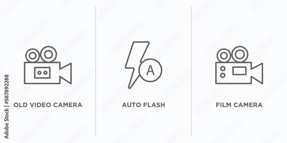 Poster electronic stuff fill outline icons set. thin line icons such as old video camera, auto flash, film 