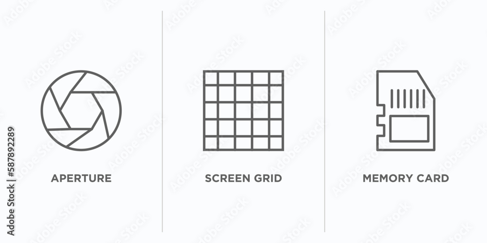 Poster electronic stuff fill outline icons set. thin line icons such as aperture, screen grid, memory card 